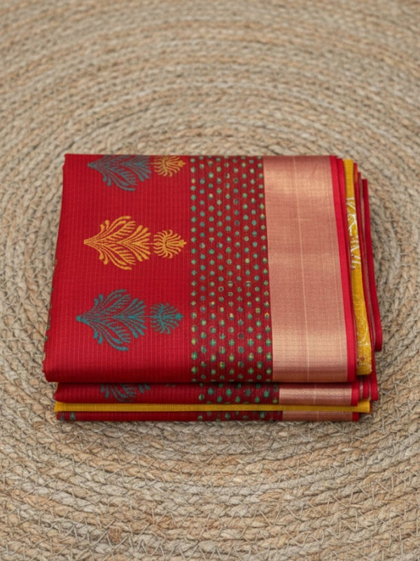 Craft Couture Blockprinted Kota Doria Mustard Yellow & Red Saree