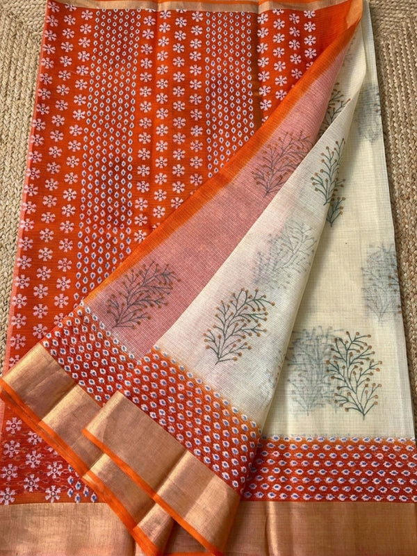 Craft Couture Blockprinted Kota Doria White & Red Saree