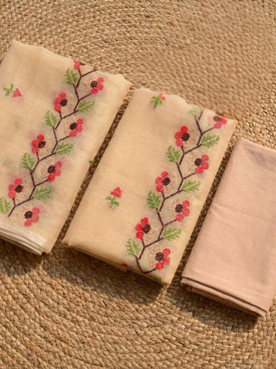 Kashidakari Kota Doria Embroidered Pastel Peach Suit (T+B+D)