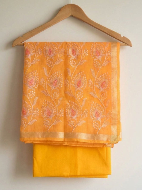Kashidakari Embroidered Kota Doria Sunny Orange Suit (T+B+D)s