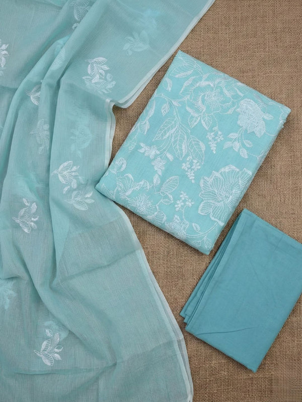 Kashidakari Kota Doria Light Blue Embroidered Suit (T+B+D)