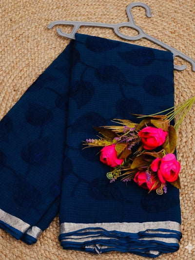 Pankhudi Kota Doria Navy Blue Saree Embroidered