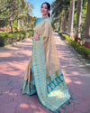 Indiehaat | Pure Tissue Silk Zari Woven Beige & Blue Saree