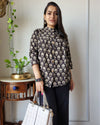 Indiehaat | Kanchi Cotton Peplum Tops Eerie Black BlockPrinted