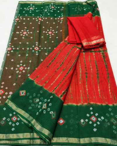 Indiehaat | Kota Cotton Bandhej Shibori Saree Red & Green