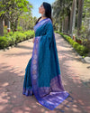 Indiehaat | Soft Silk Floral Border Contrast Zari Woven Rama Blue Saree