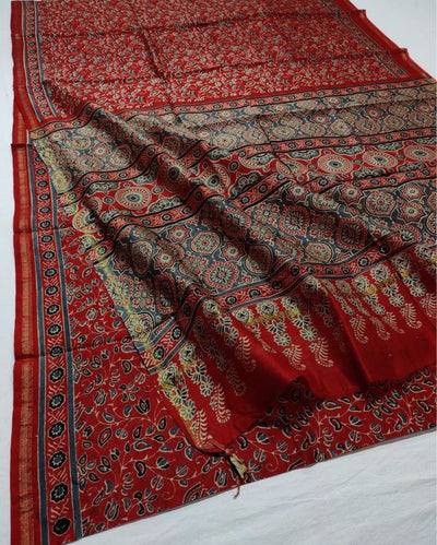 Indiehaat | Chanderi Silk Ajrakh Print Saree Red