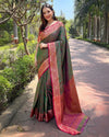 Indiehaat | Soft Kashmiri Silk Zari Woven Contrast Green Saree