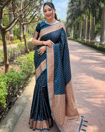 Indiehaat | Banarasi Jaal Katan Silk Zari Woven Blue Saree