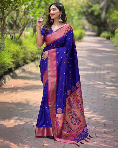 Indiehaat | Paithani Silk Zari Woven Contrast Blue Saree