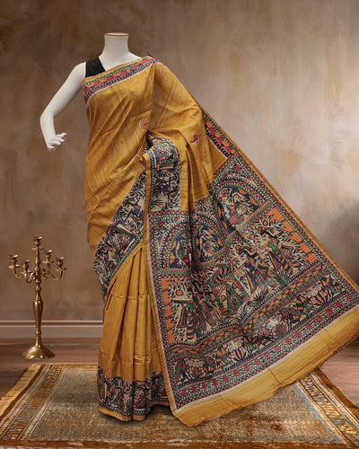 Indiehaat | Madhubani Handpainted Tussar Silk Yellow Saree