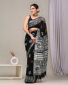 Indiehaat | Linen Saree Black Color Kalamakari Handblock Printed With Running Blouse