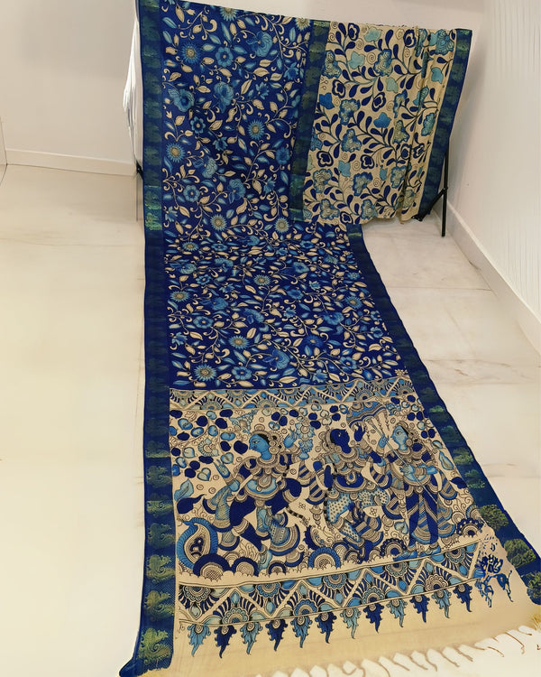 Indiehaat | Mangalagiri Handpainted Silk Saree Blue