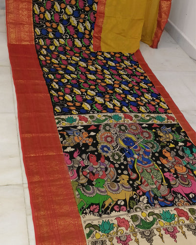 Indiehaat | Mangalagiri Pattu Kalamkari Black Saree | Unique