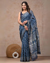 Indiehaat | Maheshwari Silk Saree Indigo Color Bagru Handblock Printed with Running Blouse (Silk by Silk)