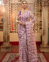 Indiehaat | Mul Cotton Printed Saree White & Purple