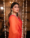 Indiehaat | Mul Cotton Plain Saree Orange with Tassel