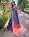 Indiehaat | Soft Kashmiri Silk Zari Woven Contrast Blue Saree