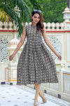 Pure Cotton (60*60) One Piece Dress Sleeveless Gray Color Handblock Printed (Size: S-XXXL, 34-44) - IndieHaat