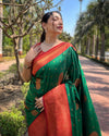 Indiehaat | Soft Silk Contrast Zari Woven Green & Red Saree