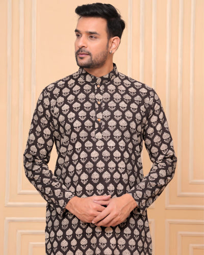 Indiehaat | Royal Reflection BlockPrinted Cotton Kurta Pyjama Intense Black