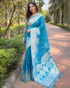 Indiehaat | Organza Floral Rainbow Zari Woven Blue Saree