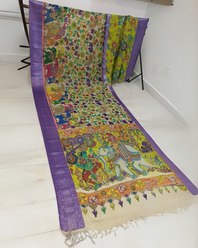 Indiehaat | Mangalagiri Handpainted Silk Saree Multicolor