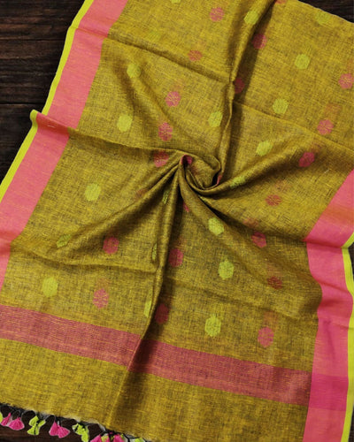 Indiehaat | Pure Linen Olive Green Dupatta With Weaving Flower Pattern