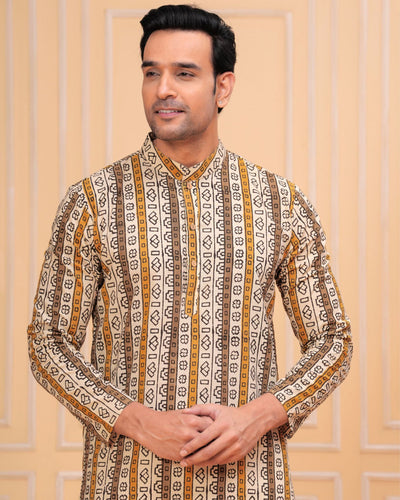 Indiehaat | BlockPrinted Cotton Kurta Pyjama Beige