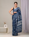 Indiehaat | Linen Saree Indigo Color Kalamakari Handblock Printed With Running Blouse