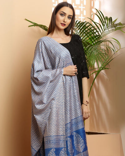 Indiehaat | Katan Silk Blockprint Dupatta Blue