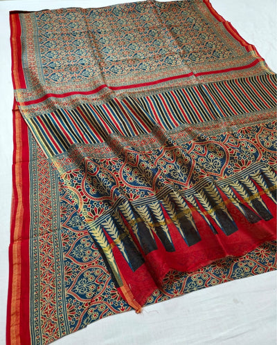 Indiehaat | Chanderi Silk Ajrakh Print Saree Multicolor