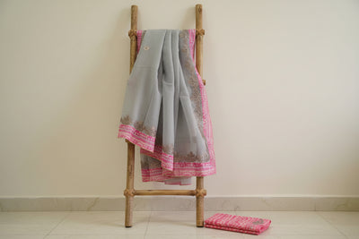 Tye & Drape Kota Cotton Kachi Gotta Gray Saree