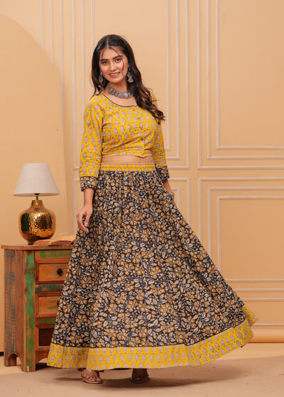 Indiehaat | Blockprinted Black & Yellow Lehanga Choli Set