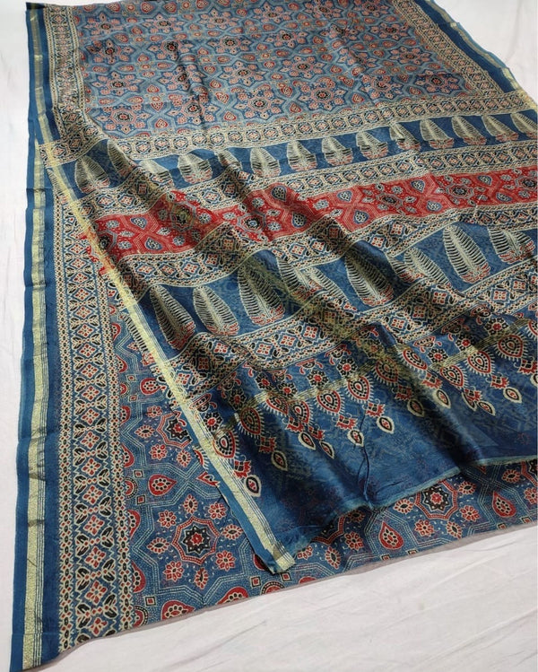 Indiehaat | Chanderi Silk Ajrakh Print Saree Blue