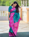 Indiehaat | Soft Silk Contrast Zari Woven Green & Pink Saree