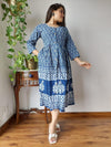 Indiehaat | Cotton Long One Piece Dress Blue Color Bagru Hand Printed Size 36 to 46