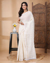 Indiehaat | Mulmul Cotton Off White Saree Chikankari Work