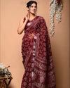 Indiehaat | Pure Linen Blockprinted Red Saree | Ethereal