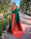 Indiehaat | Soft Silk Contrast Zari Woven Green & Red Saree