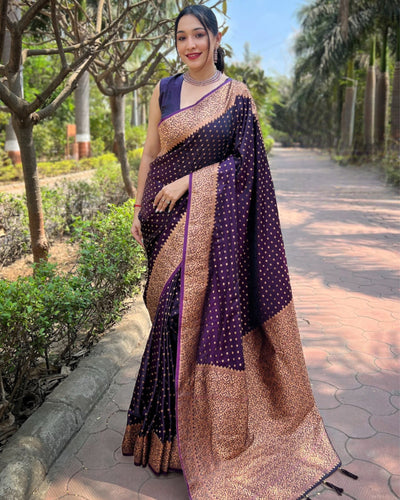 Indiehaat | Banarasi Jaal Katan Silk Zari Woven Wine Saree