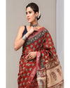 Indiehaat | Linen Saree Red Color Kalamakari Handblock Printed With Running Blouse