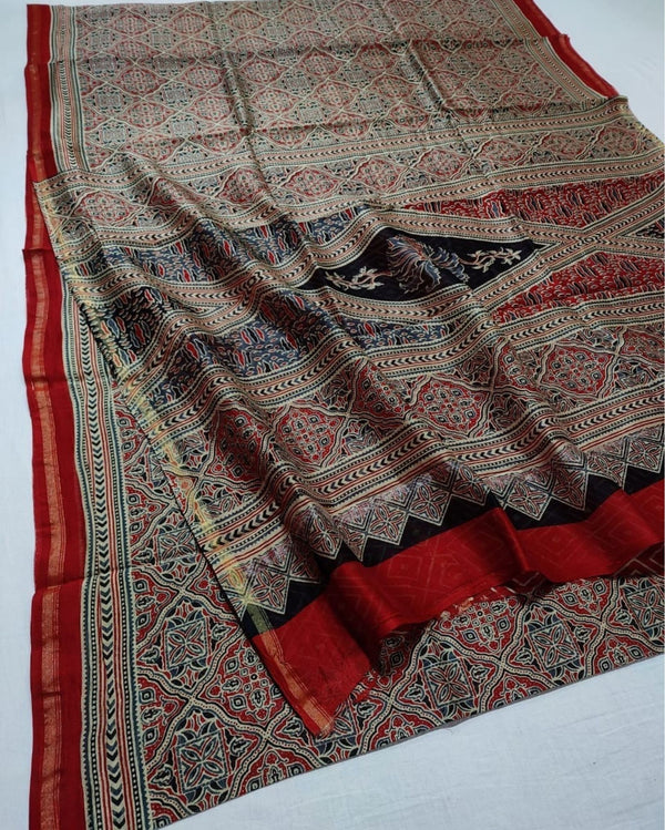 Indiehaat | Chanderi Silk Ajrakh Print Saree Multicolor