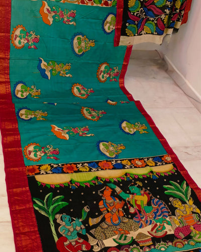 Indiehaat | Kalamkari Hand Painted Pure Silk Green Saree | Elegant