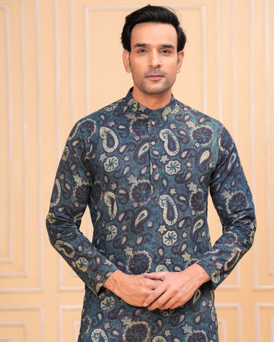 Indiehaat | Ajrakh Printed Cotton Kurta Pyjama Blue