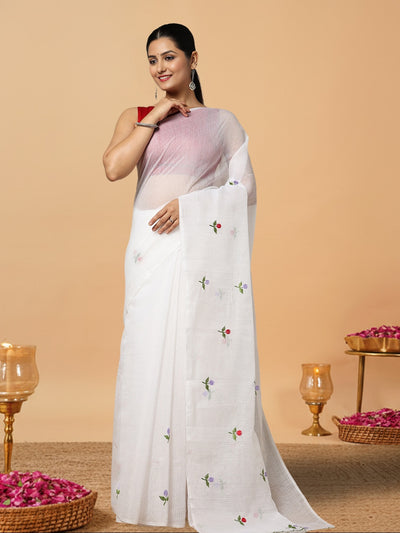 Kota Doria White Saree Allover Embroidery Handcrafted
