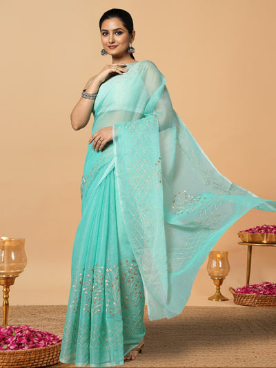 Kota Doria Cotton Bel Embroidery Saree Sea Green Handdyed