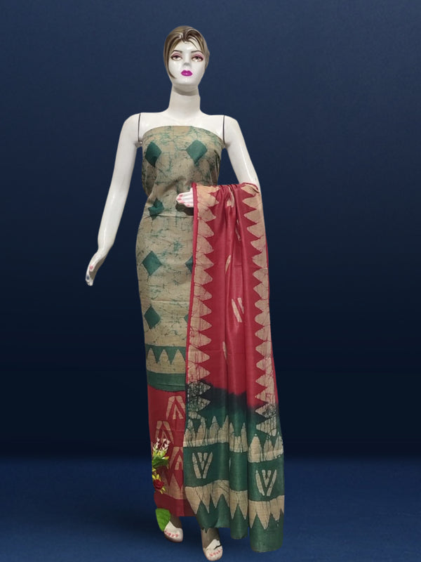 Khadi Cotton Batik Handblock Print Green  Suit Piece with Bottom and Dupatta-Indiehaat