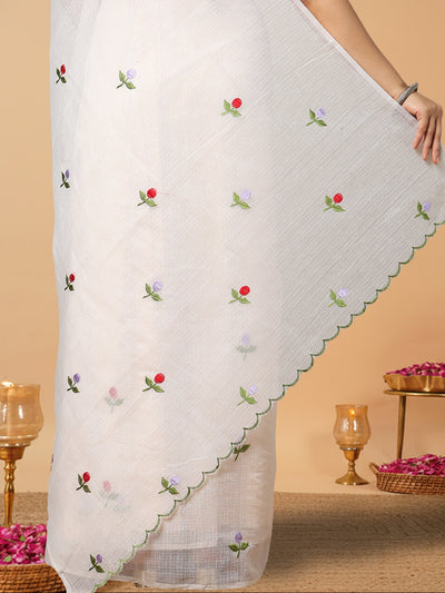 Kota Doria White Saree Allover Embroidery Handcrafted