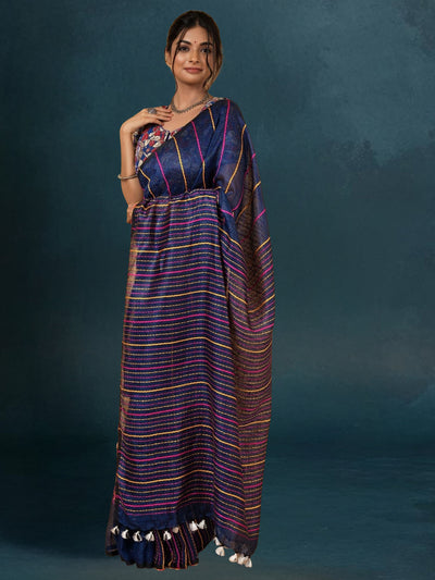 Thoughtful Pure Linen Kantha Work Saree Resolution Blue